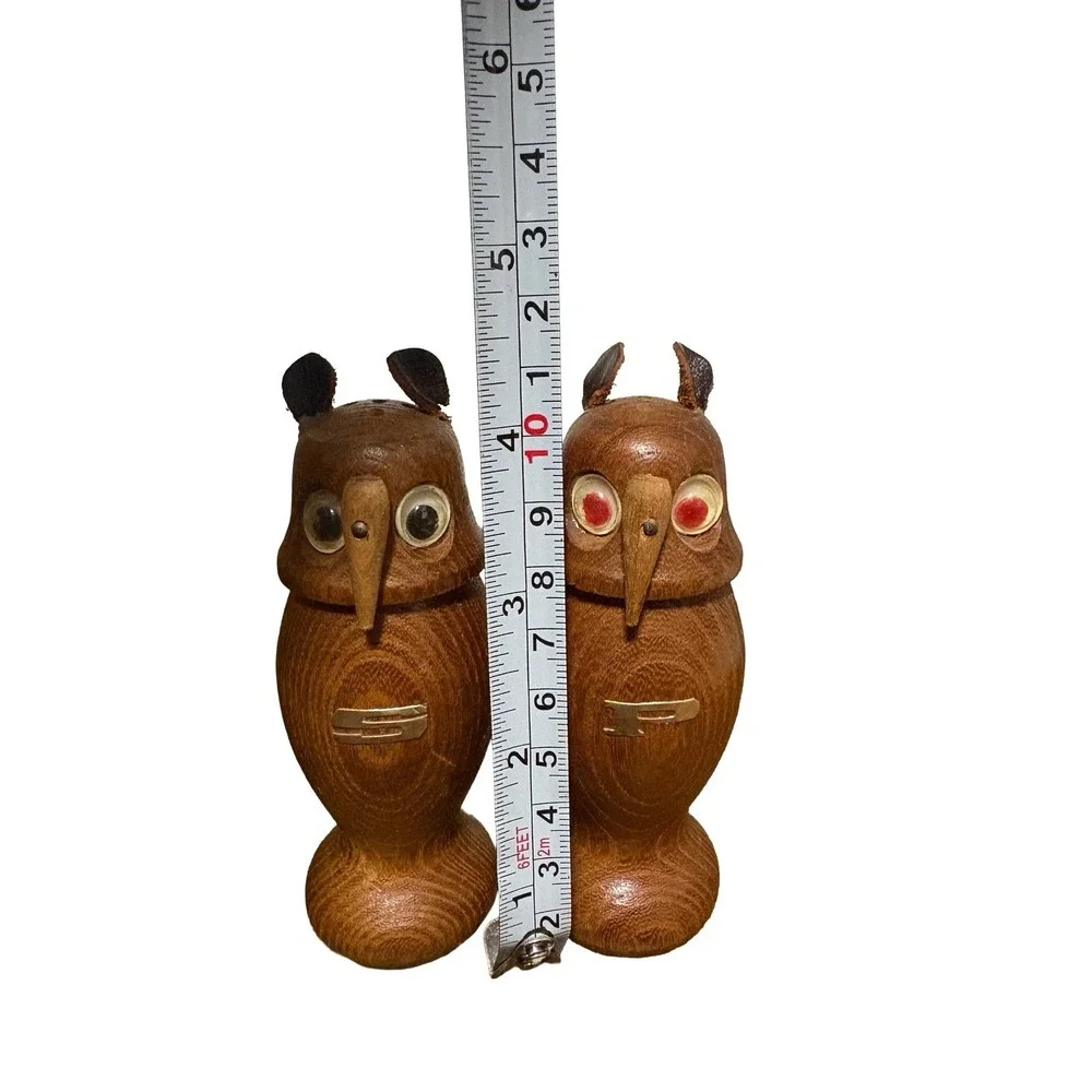 Vintage Wooden Owl Salt & Pepper Shakers 1960s Glass Eyes & Felt Ears Japan MCM